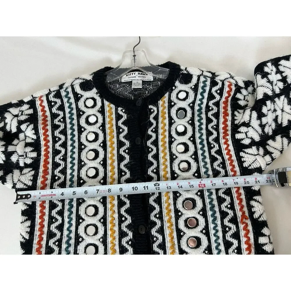 Vintage 3D Knit Cardigan Sweater Mirror Kitty‎ Hawk Vivan Wang Women's Artsy MED